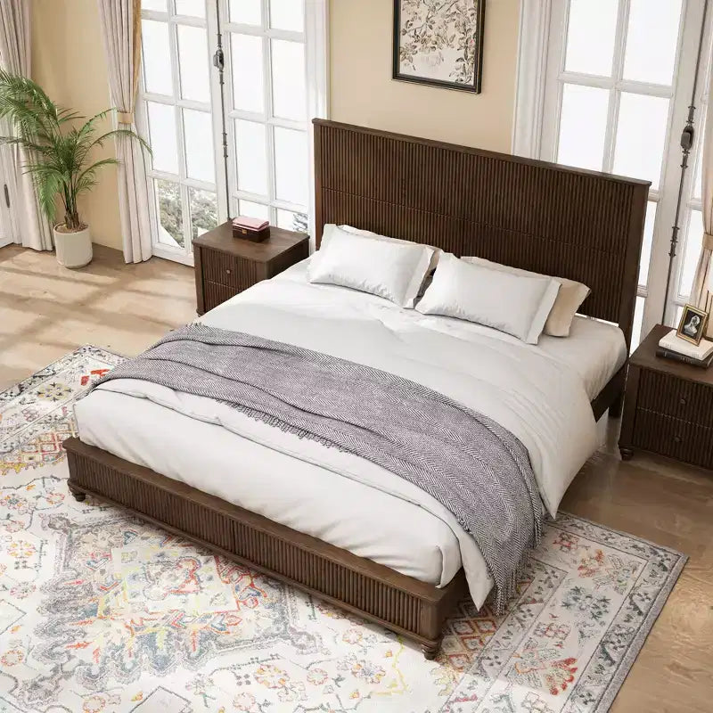 3-Piece Bedroom Set, Queen/King Size Bed Frame & 2 Fluted Nightstands with Storage Drawers - ModernLuxe