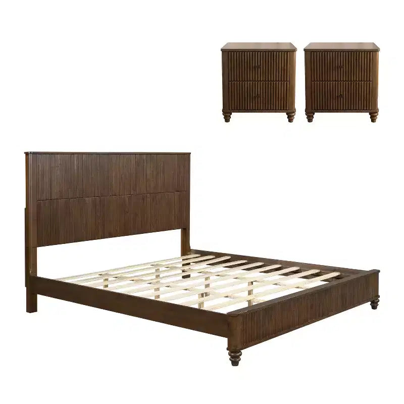 3-Piece Bedroom Set, Queen/King Size Bed Frame & 2 Fluted Nightstands with Storage Drawers - ModernLuxe