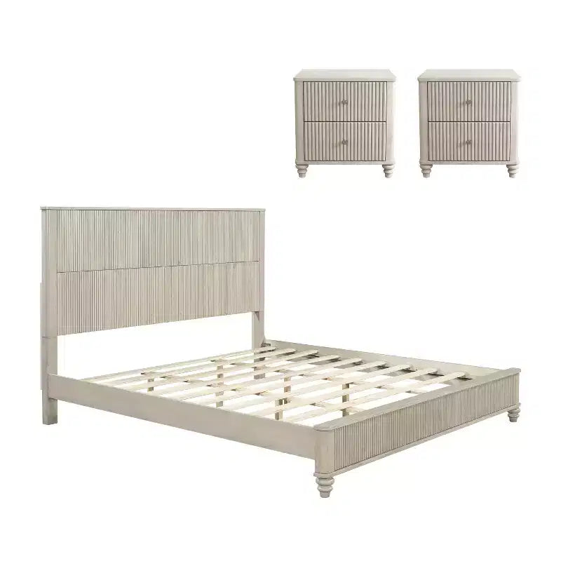 3-Piece Bedroom Set, Queen/King Size Bed Frame & 2 Fluted Nightstands with Storage Drawers - ModernLuxe
