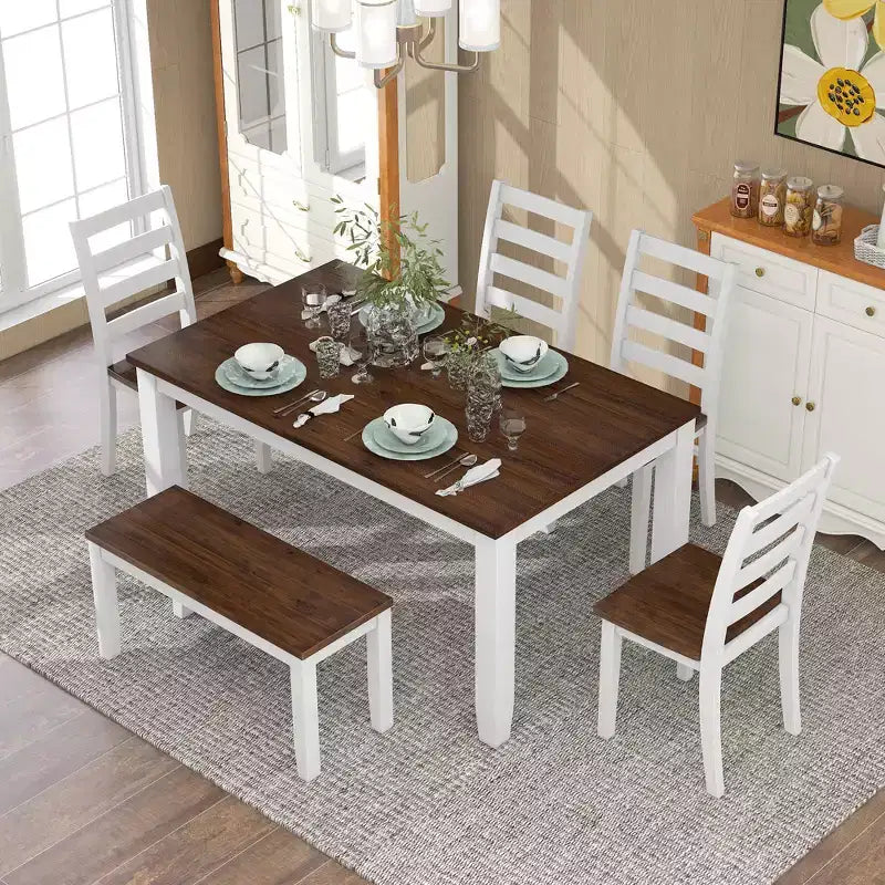 6 Pieces Wood Dining Room Table Set for 6, Rectangle Dining Table with 4 Upholstered Chairs and Bench