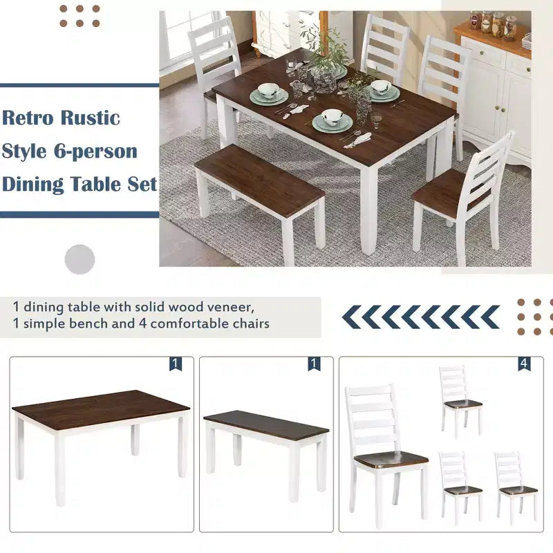 6 Pieces Wood Dining Room Table Set for 6, Rectangle Dining Table with 4 Upholstered Chairs and Bench