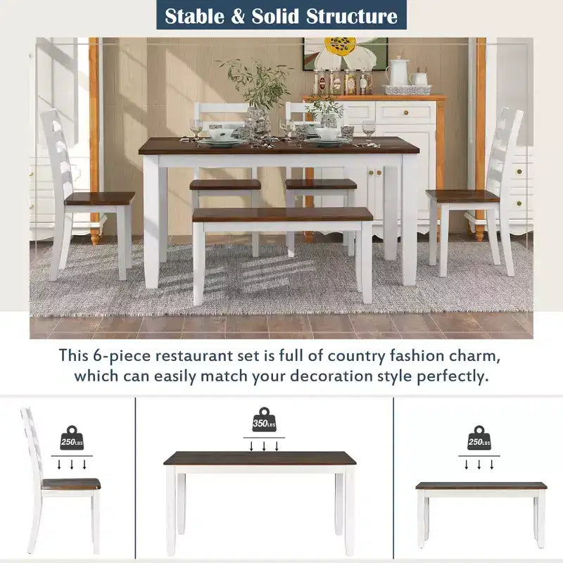 6 Pieces Wood Dining Room Table Set for 6, Rectangle Dining Table with 4 Upholstered Chairs and Bench