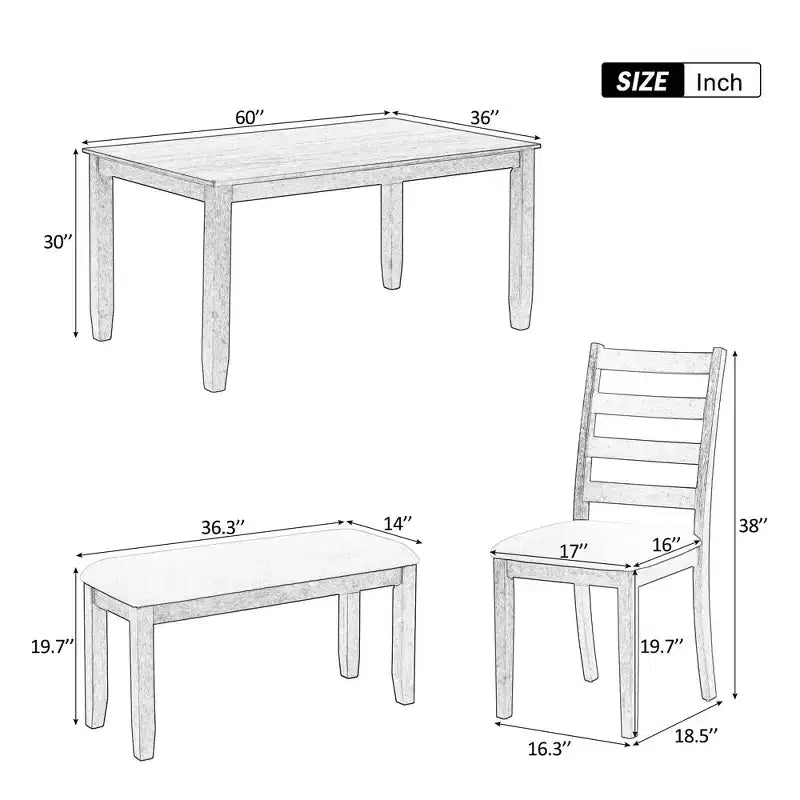 6 Pieces Wood Dining Room Table Set for 6, Rectangle Dining Table with 4 Upholstered Chairs and Bench