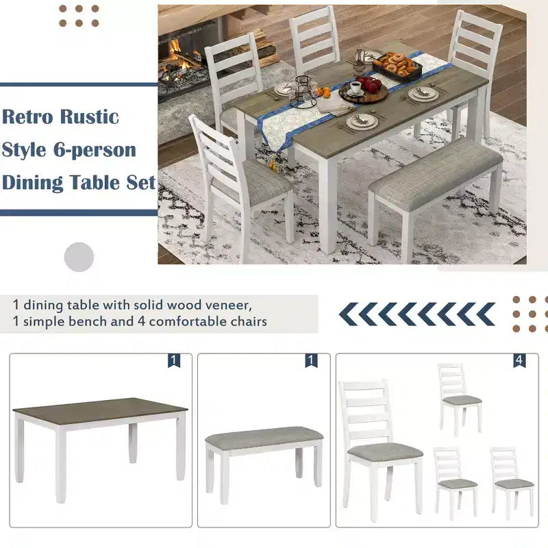 6 Pieces Wood Dining Room Table Set for 6, Rectangle Dining Table with 4 Upholstered Chairs and Bench