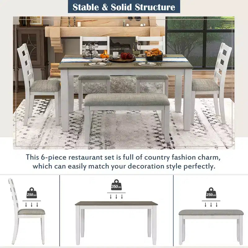 6 Pieces Wood Dining Room Table Set for 6, Rectangle Dining Table with 4 Upholstered Chairs and Bench