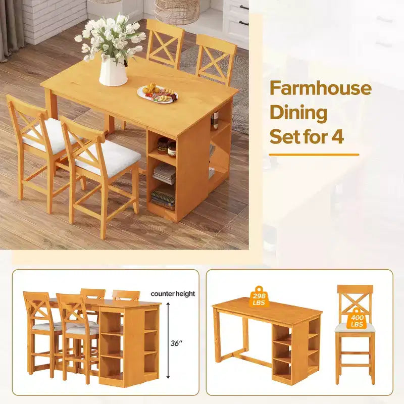 Farmhouse 5 Pieces Counter Height Dining Set for 4, Wooden Bar Table Set with Storage Shelves and 4 Upholstered Chairs