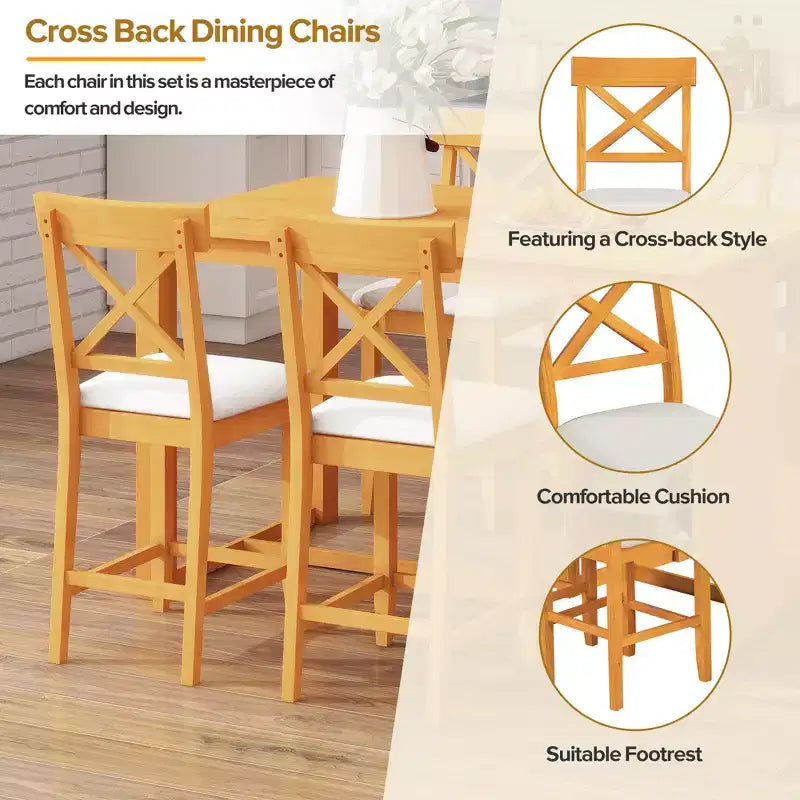 Farmhouse 5 Pieces Counter Height Dining Set for 4, Wooden Bar Table Set with Storage Shelves and 4 Upholstered Chairs