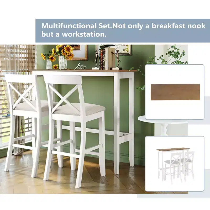 3 Pieces Wood Bar Height Dining Table Set, Farmhouse Rectangle Kitchen Breakfast Nook with 2 Chairs for Small Places