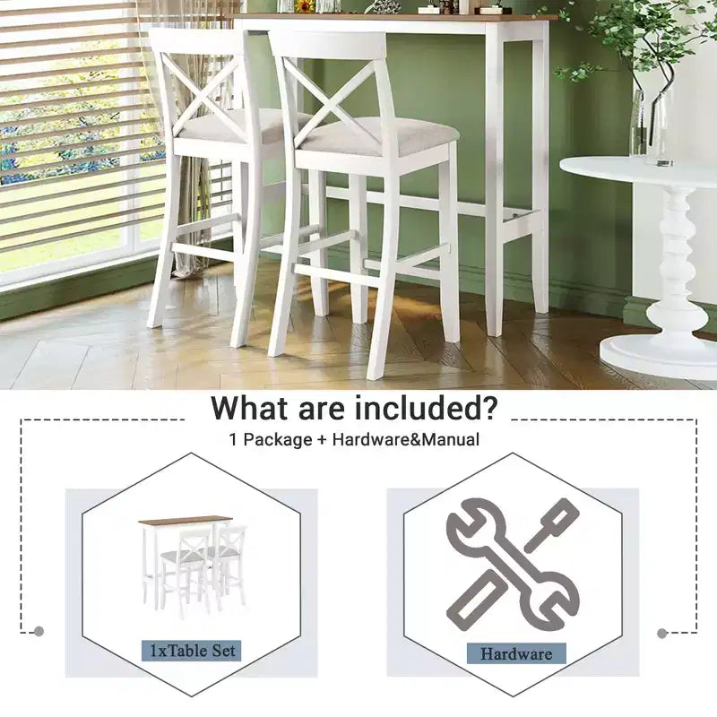 3 Pieces Wood Bar Height Dining Table Set, Farmhouse Rectangle Kitchen Breakfast Nook with 2 Chairs for Small Places