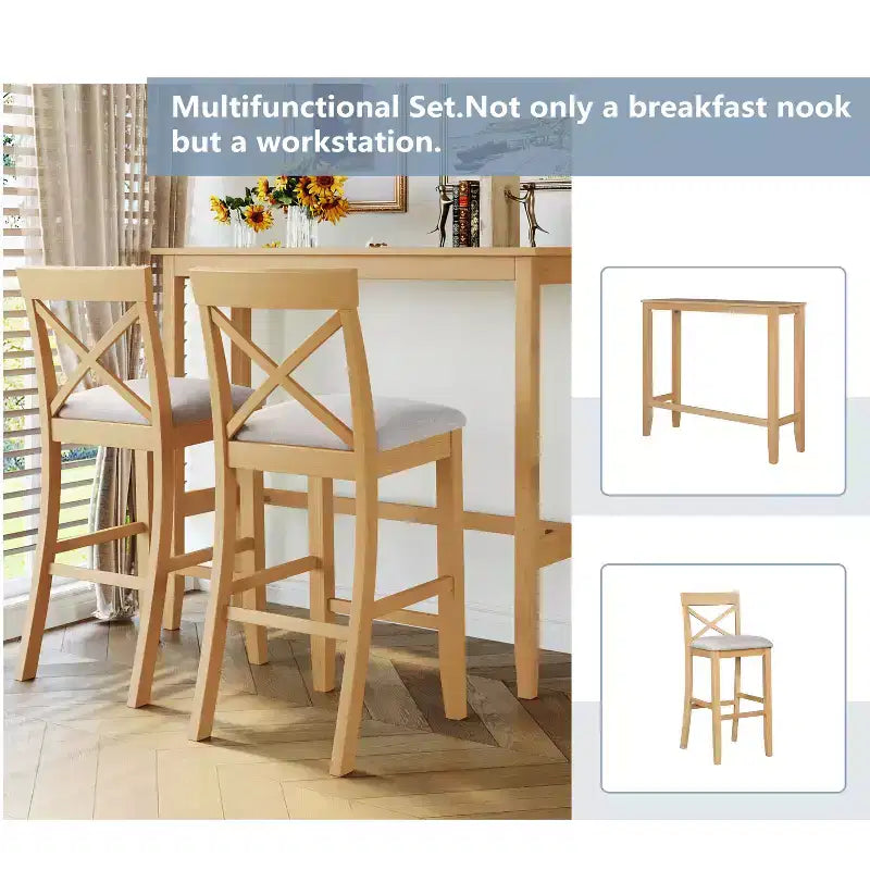 3 Pieces Wood Bar Height Dining Table Set, Farmhouse Rectangle Kitchen Breakfast Nook with 2 Chairs for Small Places