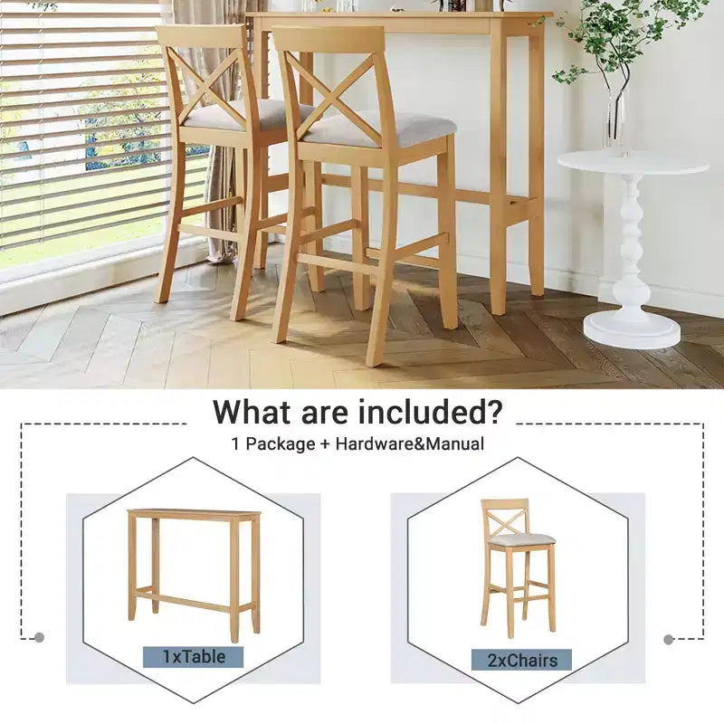 3 Pieces Wood Bar Height Dining Table Set, Farmhouse Rectangle Kitchen Breakfast Nook with 2 Chairs for Small Places