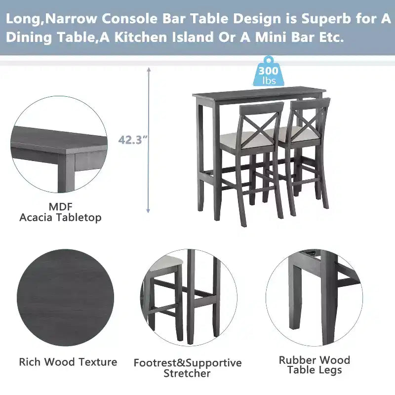 3 Pieces Wood Bar Height Dining Table Set, Farmhouse Rectangle Kitchen Breakfast Nook with 2 Chairs for Small Places
