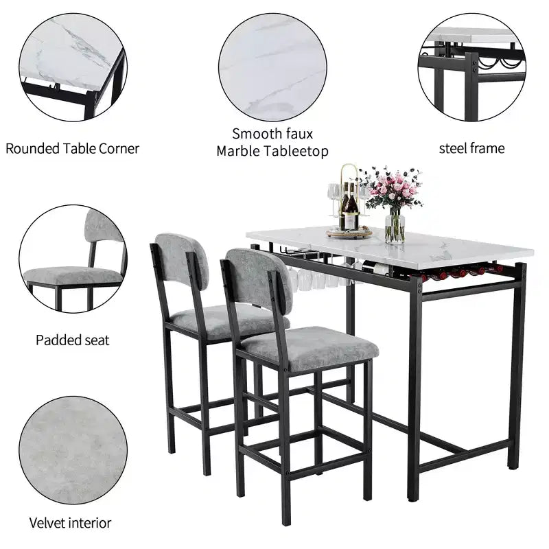 sumyeg 3 Piece Dining Table Set with 2 Upholstered Chairs for Kitchen or Small Apartment