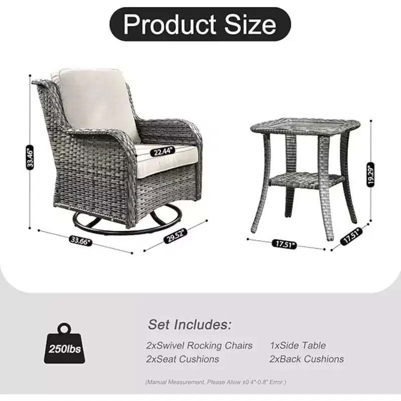 HOMLUX 3 PCS Outdoor 360Swivel Rocker Chairs Set Patio Bistro Seating Set with Side Table & Cushion