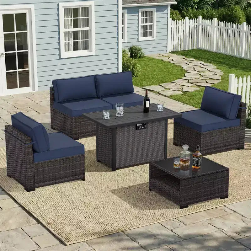 UPTIOT 6-Piece Patio Set: 4 Side Chairs, Grey Fire Pit Table & Tempered Glass Coffee Table for Stylish Outdoor Gatherings