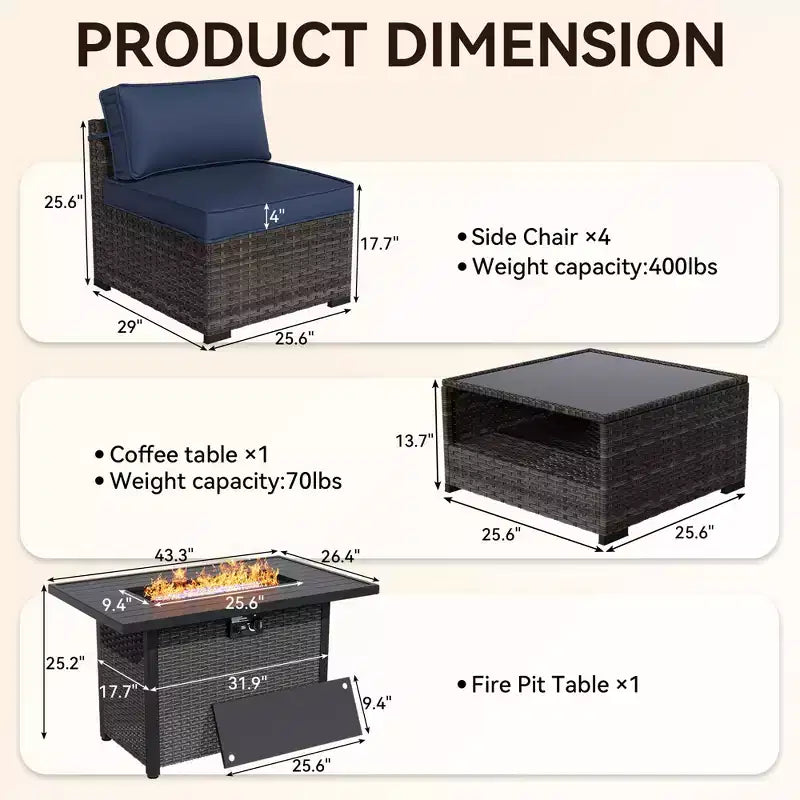 UPTIOT 6-Piece Patio Set: 4 Side Chairs, Grey Fire Pit Table & Tempered Glass Coffee Table for Stylish Outdoor Gatherings