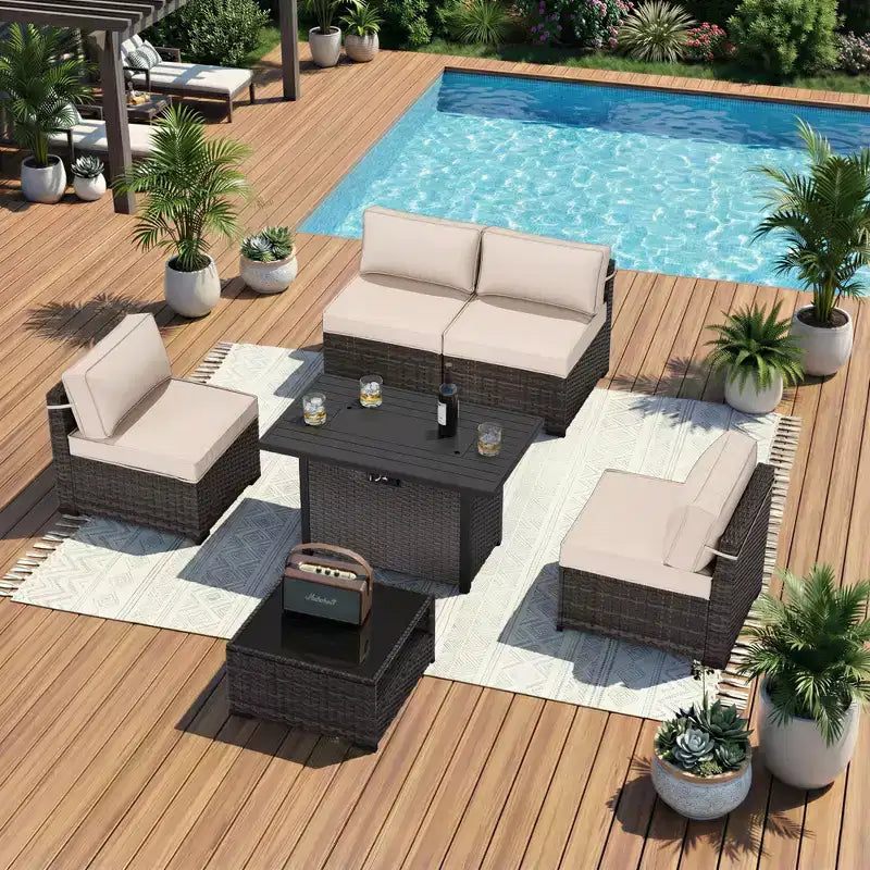 UPTIOT 6-Piece Patio Set: 4 Side Chairs, Grey Fire Pit Table & Tempered Glass Coffee Table for Stylish Outdoor Gatherings