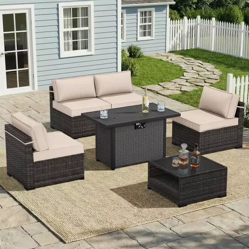 UPTIOT 6-Piece Patio Set: 4 Side Chairs, Grey Fire Pit Table & Tempered Glass Coffee Table for Stylish Outdoor Gatherings