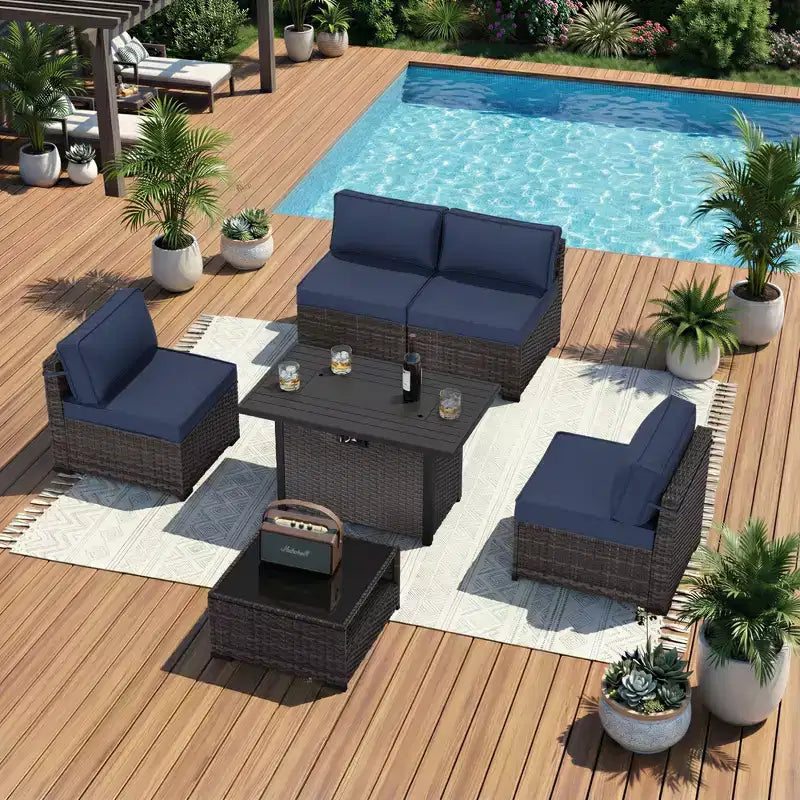 UPTIOT 6-Piece Patio Set: 4 Side Chairs, Grey Fire Pit Table & Tempered Glass Coffee Table for Stylish Outdoor Gatherings