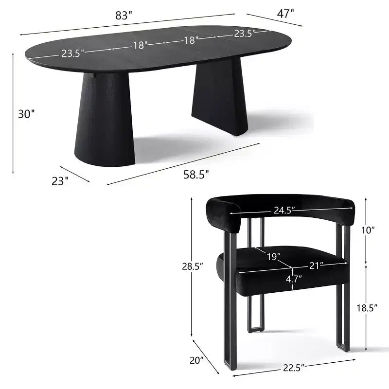 47-83 Extendable Dining Table Set for 4, Black Table and 4 Upholstered Velvet Dining Chairs with Metal Legs, Modern Style-Panipeachy