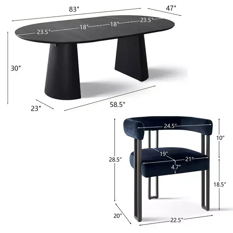 47-83 Extendable Dining Table Set for 4, Black Table and 4 Upholstered Velvet Dining Chairs with Metal Legs, Modern Style-Panipeachy