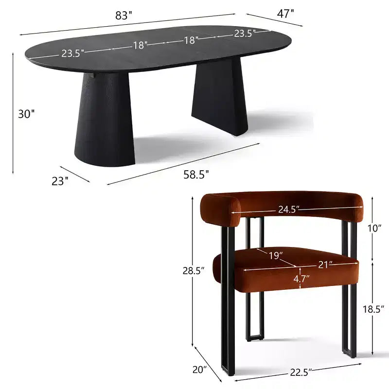 47-83 Extendable Dining Table Set for 4, Black Table and 4 Upholstered Velvet Dining Chairs with Metal Legs, Modern Style-Panipeachy
