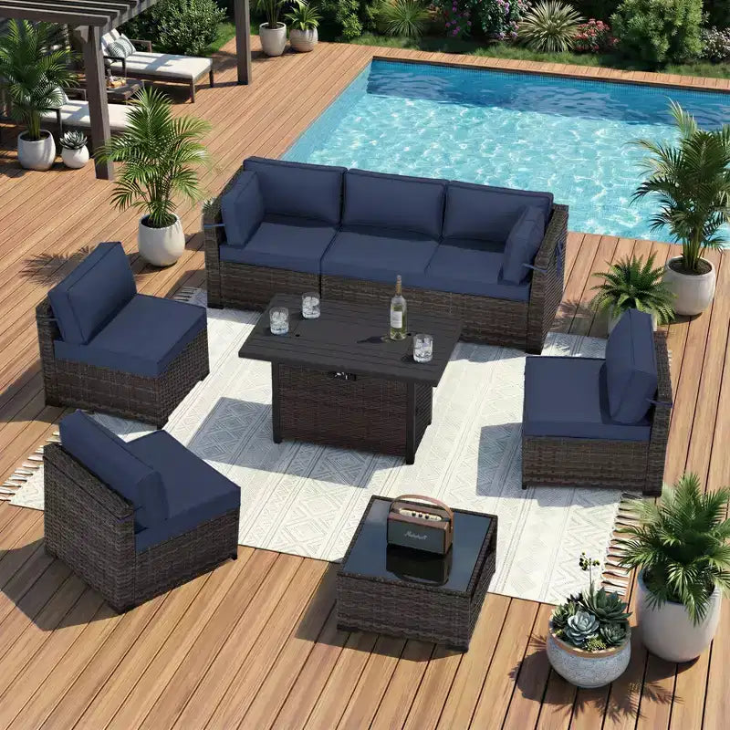 UPTIOT Premium Outdoor Sofa Set with Corner Loungers, Accent Chairs & Brown Convertible Fire Table for Ultimate Patio Comfort