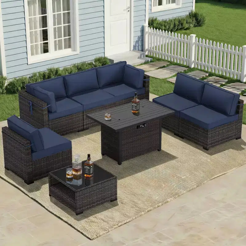 UPTIOT Premium Outdoor Sofa Set with Corner Loungers, Accent Chairs & Brown Convertible Fire Table for Ultimate Patio Comfort