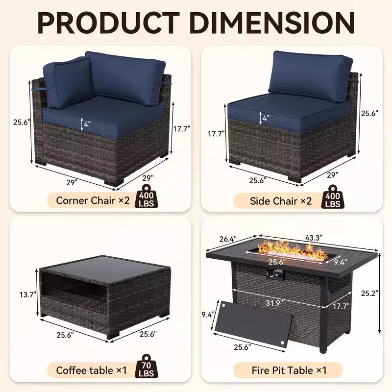 UPTIOT Premium Outdoor Sofa Set with Corner Loungers, Accent Chairs & Brown Convertible Fire Table for Ultimate Patio Comfort