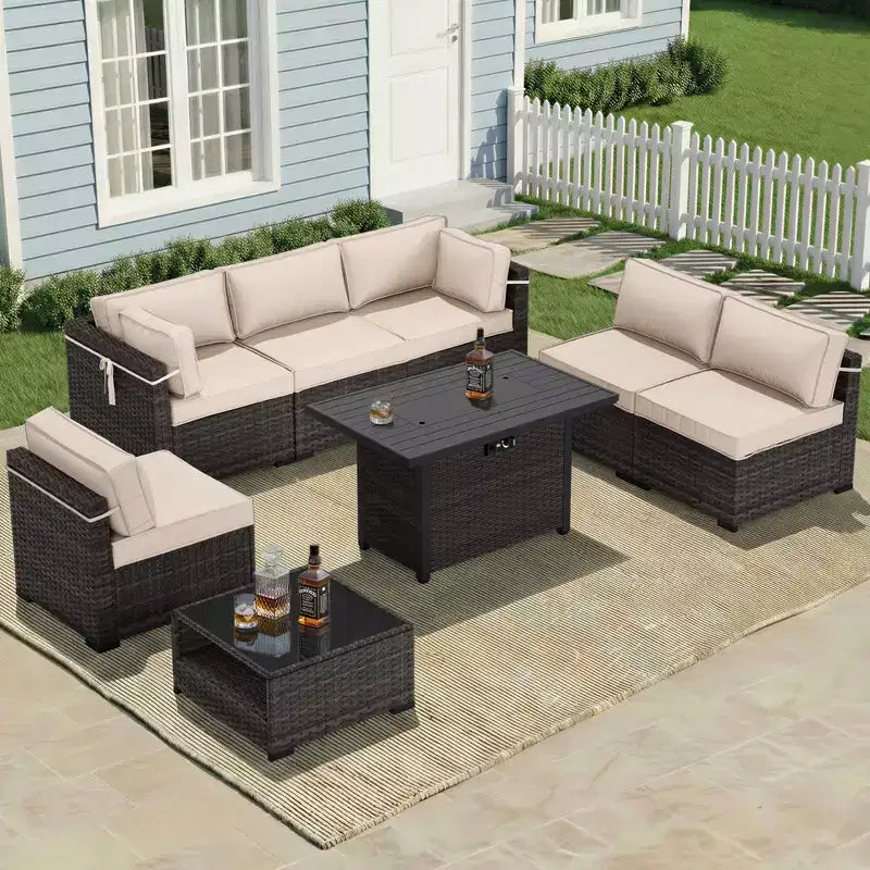 UPTIOT Premium Outdoor Sofa Set with Corner Loungers, Accent Chairs & Brown Convertible Fire Table for Ultimate Patio Comfort
