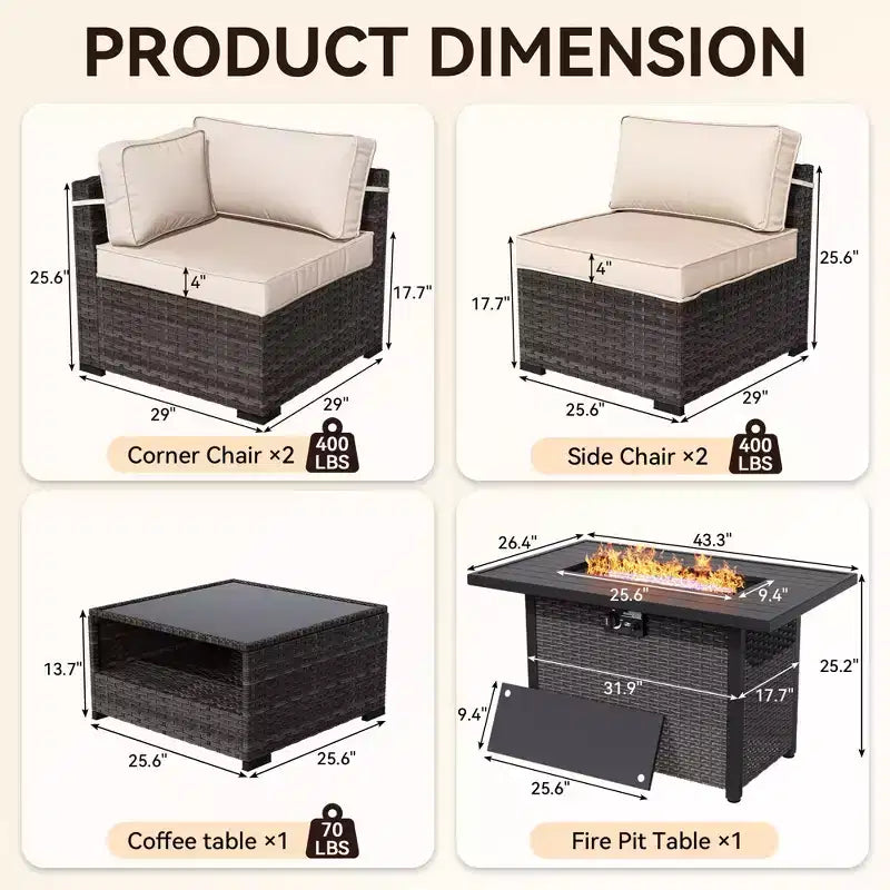 UPTIOT Premium Outdoor Sofa Set with Corner Loungers, Accent Chairs & Brown Convertible Fire Table for Ultimate Patio Comfort