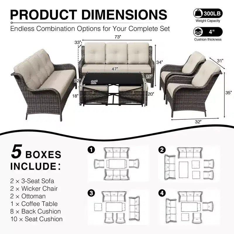 UPTIOT Premium Outdoor Sofa Set with Wicker Chairs, Ottomans, and Coffee Table