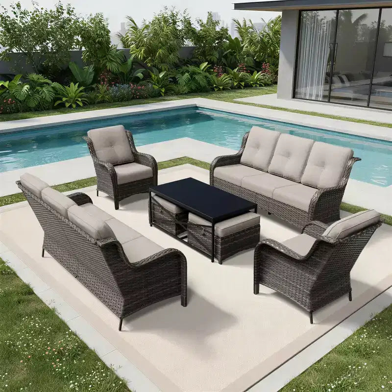 UPTIOT Premium Outdoor Sofa Set with Wicker Chairs, Ottomans, and Coffee Table
