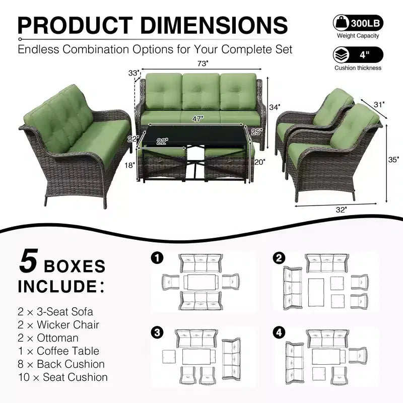 UPTIOT Premium Outdoor Sofa Set with Wicker Chairs, Ottomans, and Coffee Table