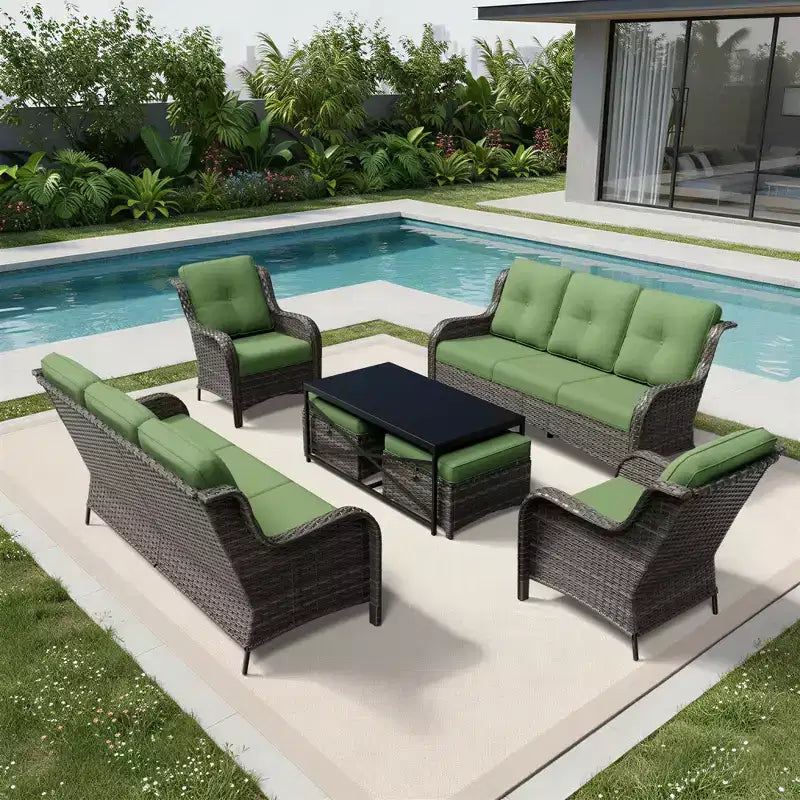 UPTIOT Premium Outdoor Sofa Set with Wicker Chairs, Ottomans, and Coffee Table