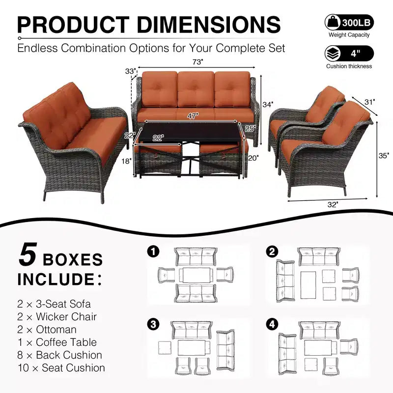 UPTIOT Premium Outdoor Sofa Set with Wicker Chairs, Ottomans, and Coffee Table