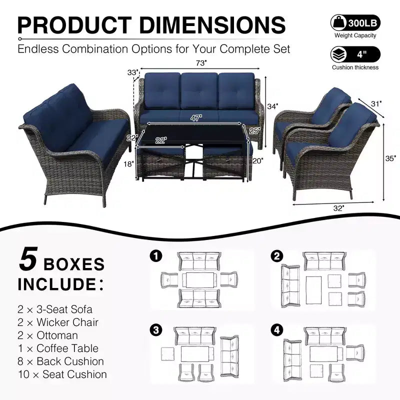 UPTIOT Premium Outdoor Sofa Set with Wicker Chairs, Ottomans, and Coffee Table
