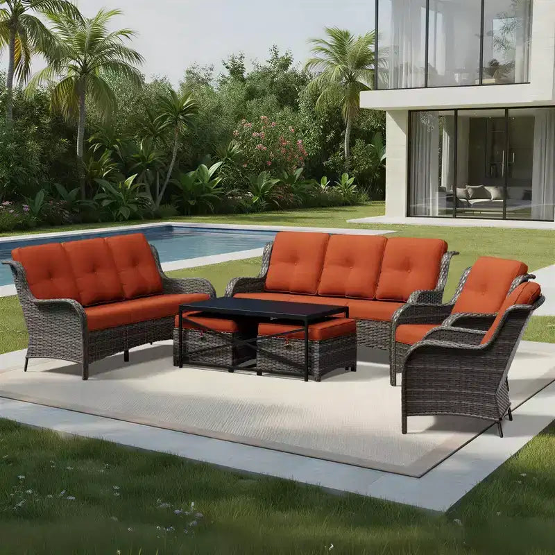 UPTIOT Premium Outdoor Sofa Set with Wicker Chairs, Ottomans, and Coffee Table
