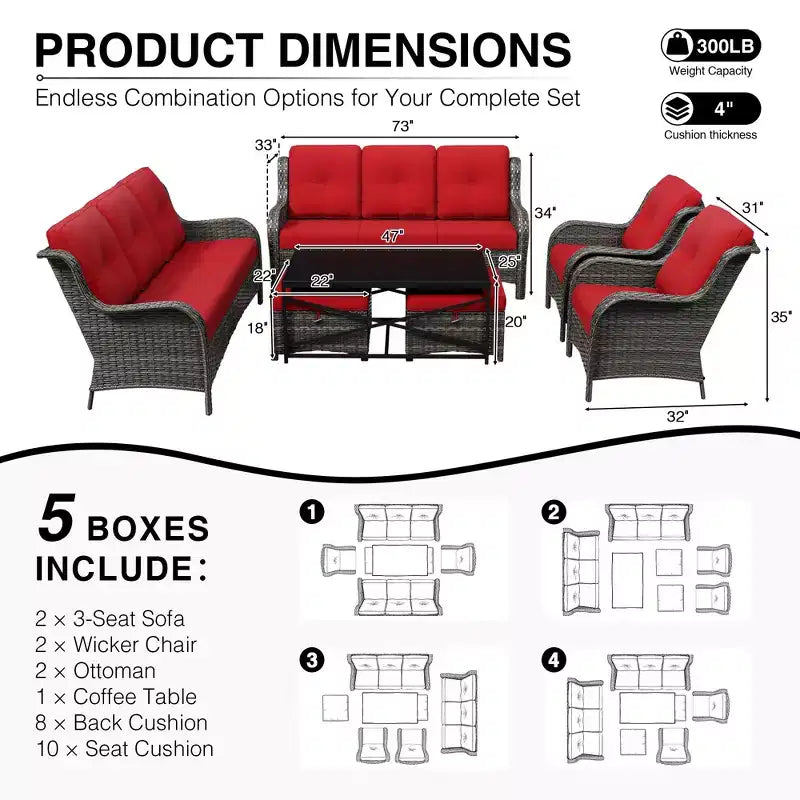 UPTIOT Premium Outdoor Sofa Set with Wicker Chairs, Ottomans, and Coffee Table
