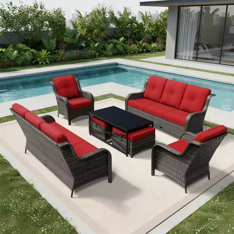 UPTIOT Premium Outdoor Sofa Set with Wicker Chairs, Ottomans, and Coffee Table