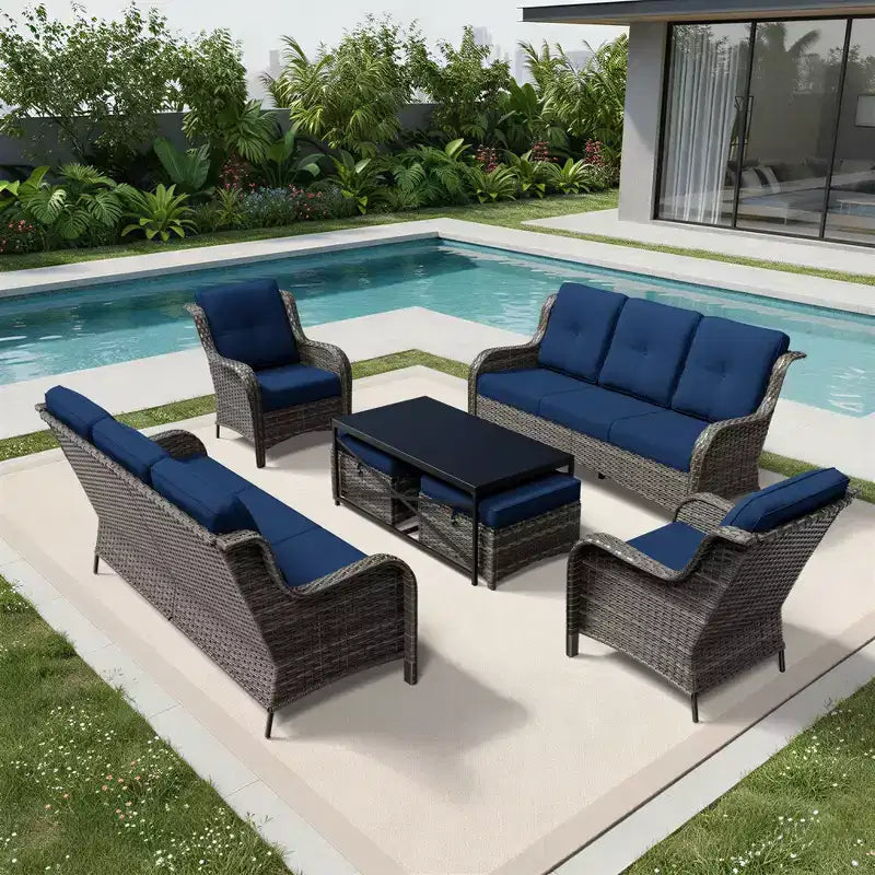 UPTIOT Premium Outdoor Sofa Set with Wicker Chairs, Ottomans, and Coffee Table