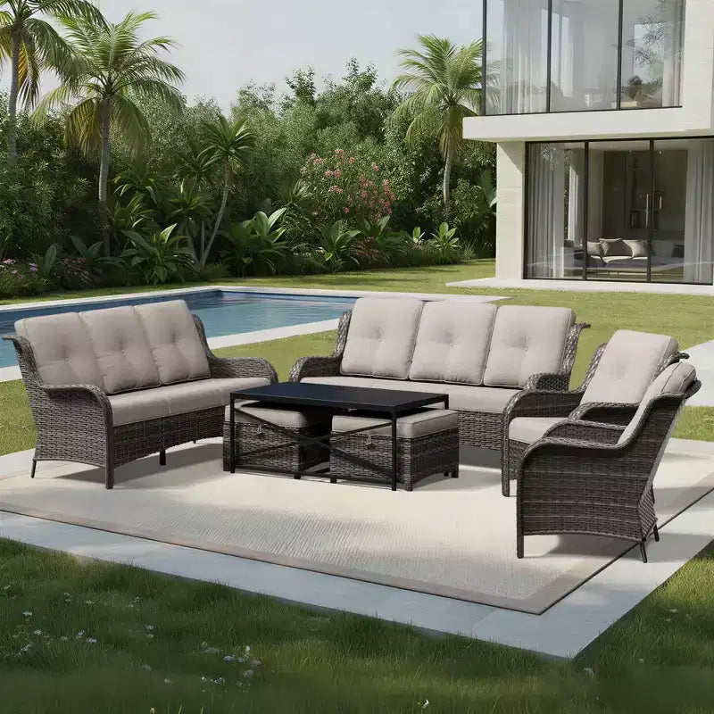 UPTIOT Premium Outdoor Sofa Set with Wicker Chairs, Ottomans, and Coffee Table