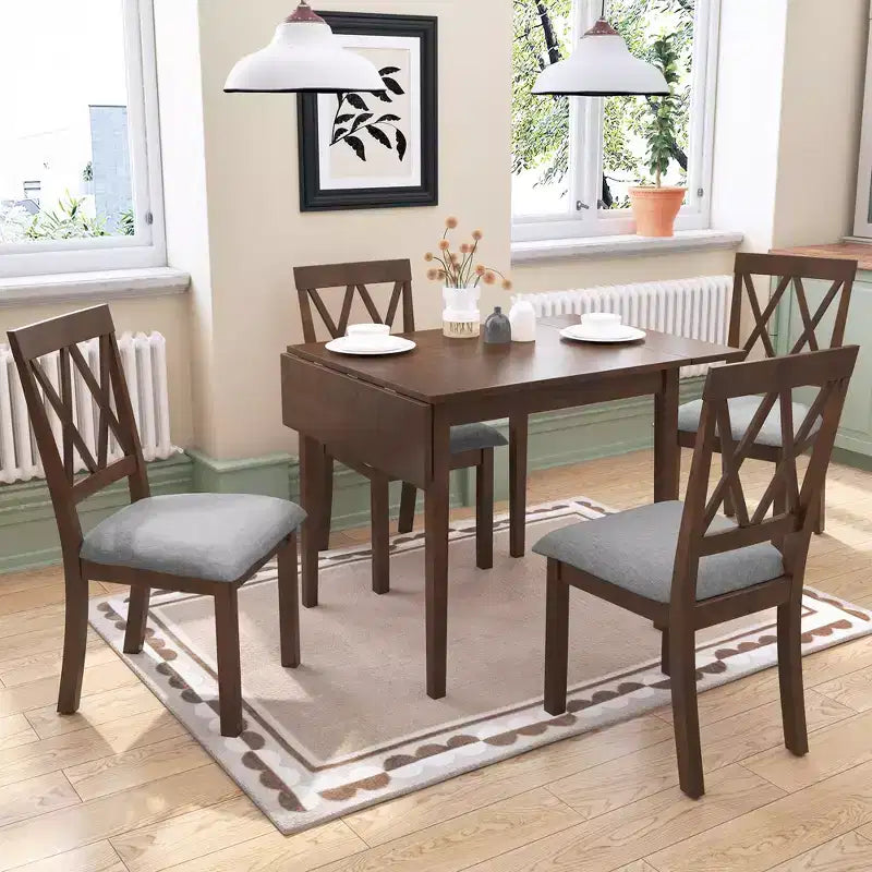 GDFStudio Harlan Dining Table Set with Drop Leaf Table and 4 Upholstered Chairs