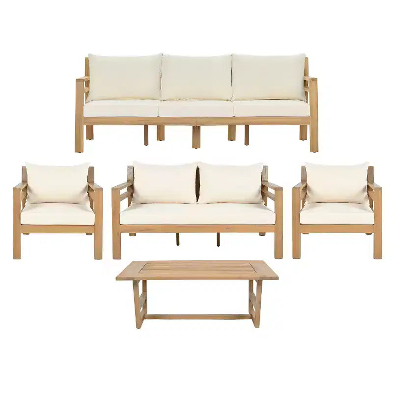Christopher Knight Home Niran Modern 5 Piece Acacia Wood Patio Seating Set with Curved Backrest Design and Cushions