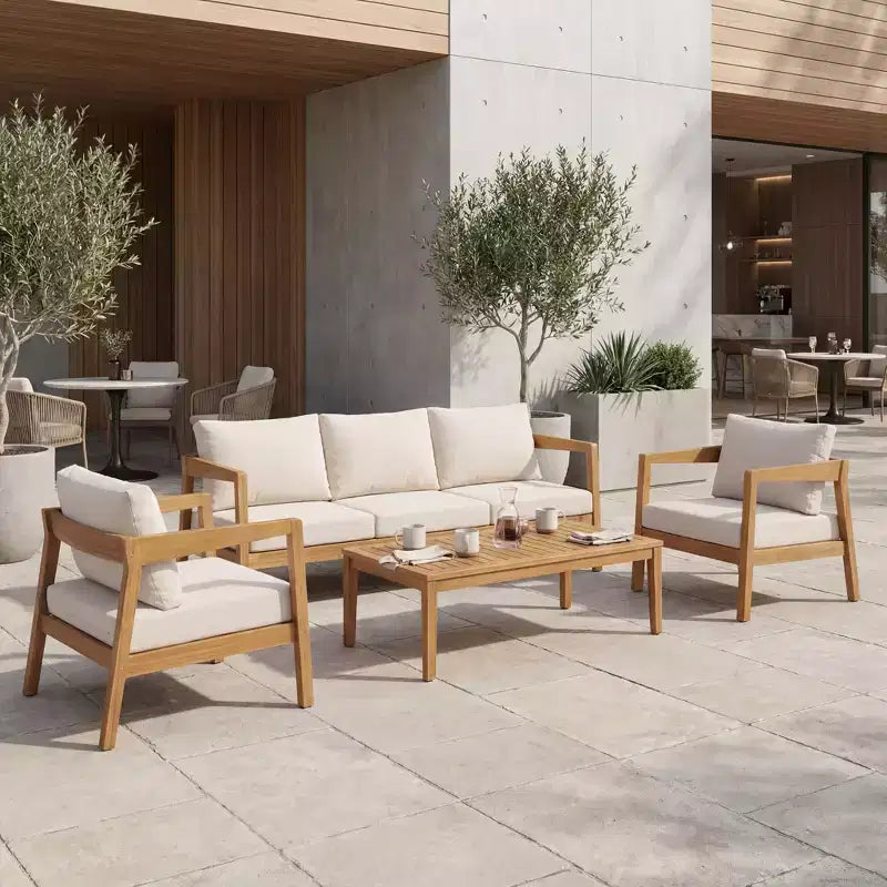 Christopher Knight Home Phachara Modern 4 Piece Acacia Wood Patio Seating Set with Cushions and Slatted Table