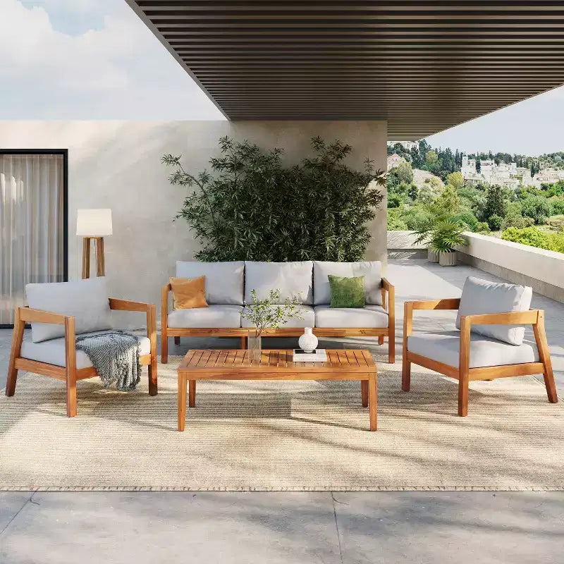 Christopher Knight Home Phachara Modern 4 Piece Acacia Wood Patio Seating Set with Cushions and Slatted Table