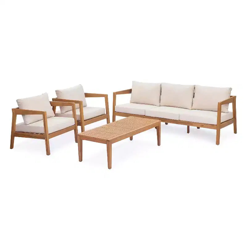 Christopher Knight Home Phachara Modern 4 Piece Acacia Wood Patio Seating Set with Cushions and Slatted Table