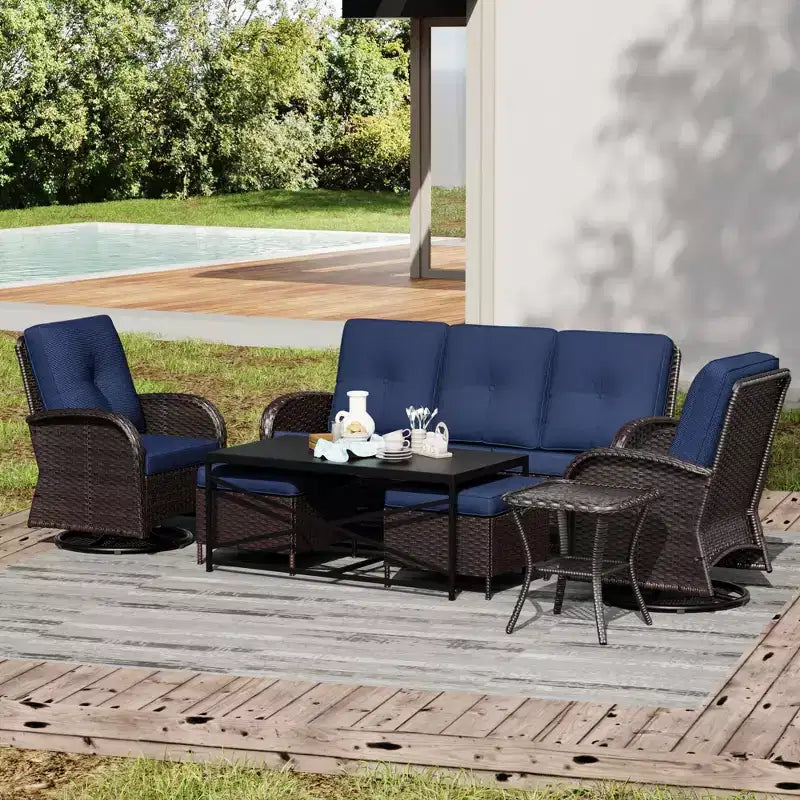 UPTIOT 7-Piece Outdoor Patio Set with 3-Seat Sofa, Two Swivel Chairs, Ottomans, Coffee & Side Tables