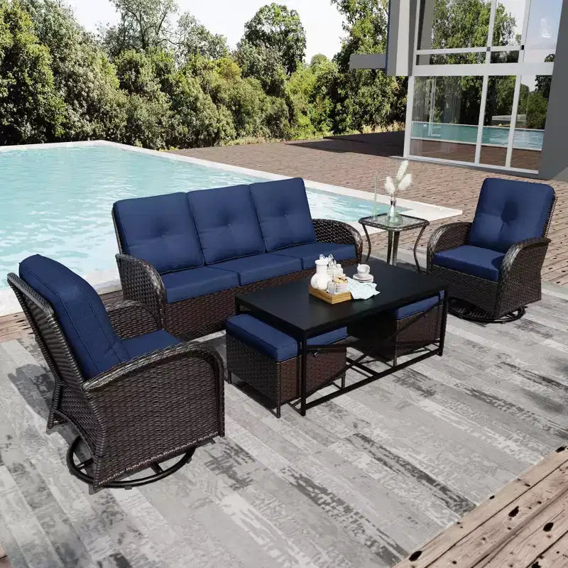UPTIOT 7-Piece Outdoor Patio Set with 3-Seat Sofa, Two Swivel Chairs, Ottomans, Coffee & Side Tables