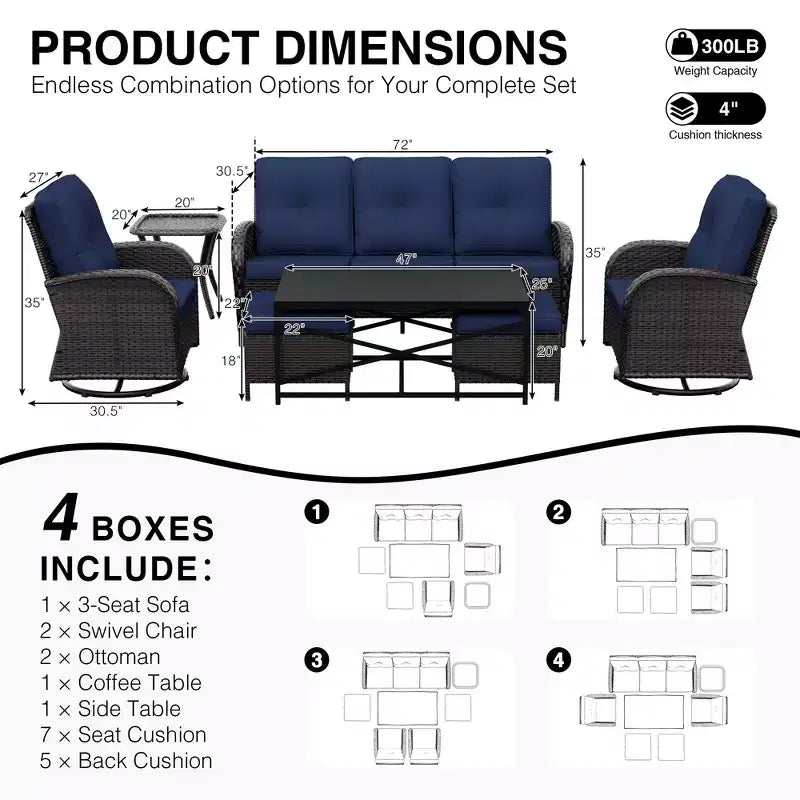 UPTIOT 7-Piece Outdoor Patio Set with 3-Seat Sofa, Two Swivel Chairs, Ottomans, Coffee & Side Tables